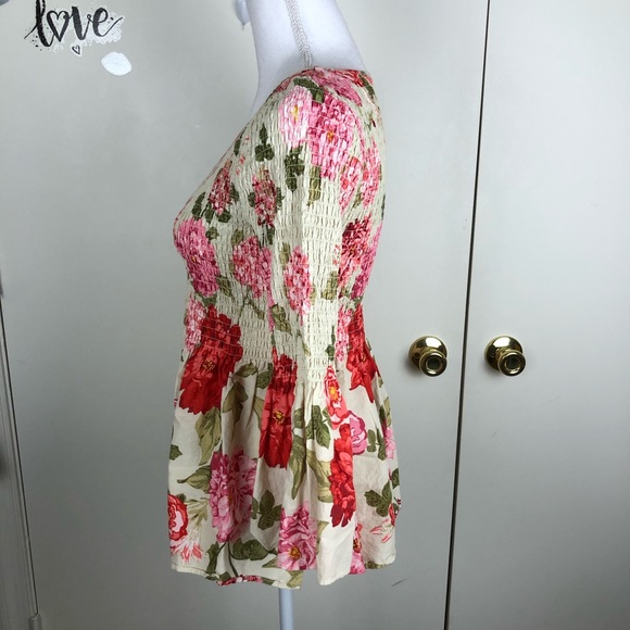 JANE & DELANCEY WOMENS FLORAL SMOCKED BELL SLEEVE PULLOVER BLOUSE TOP SZ S MULTI - Picture 3 of 7